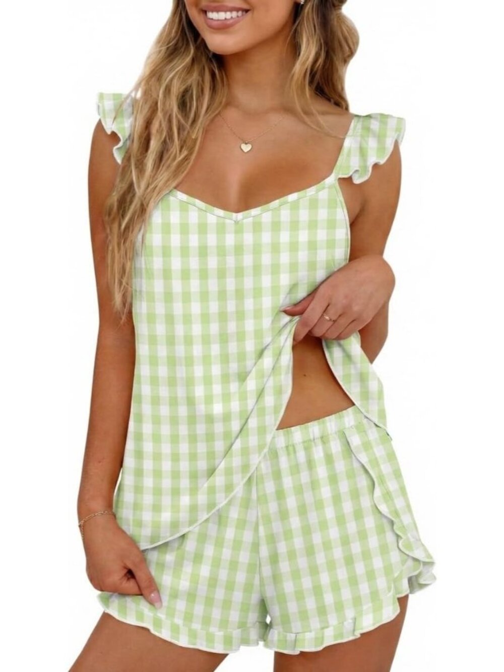 〽️Women's Outfit Set Gingham Green Casual Cami Top and Shorts 2 Piece Lounge Set